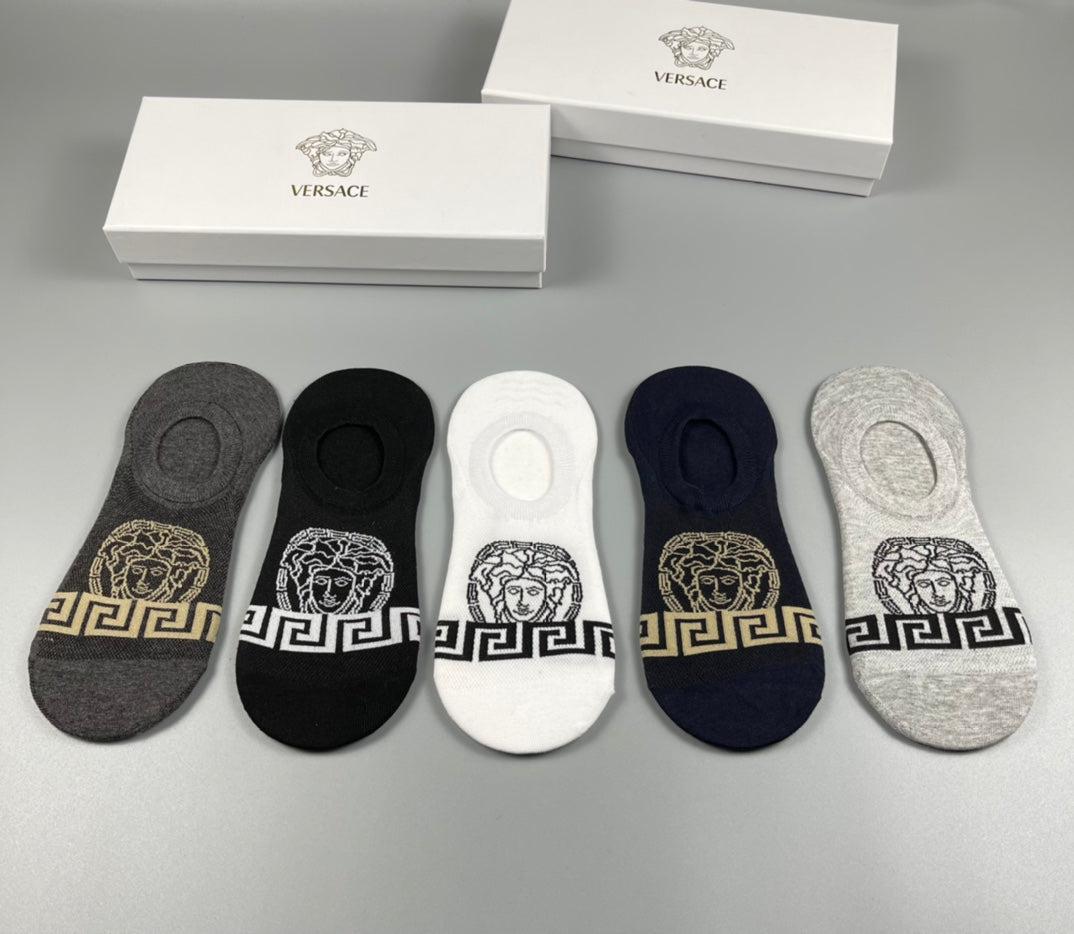 Versace Cotton Visible Logo, Stripe Or Motif Details Crew Socks - 5-Pair Set