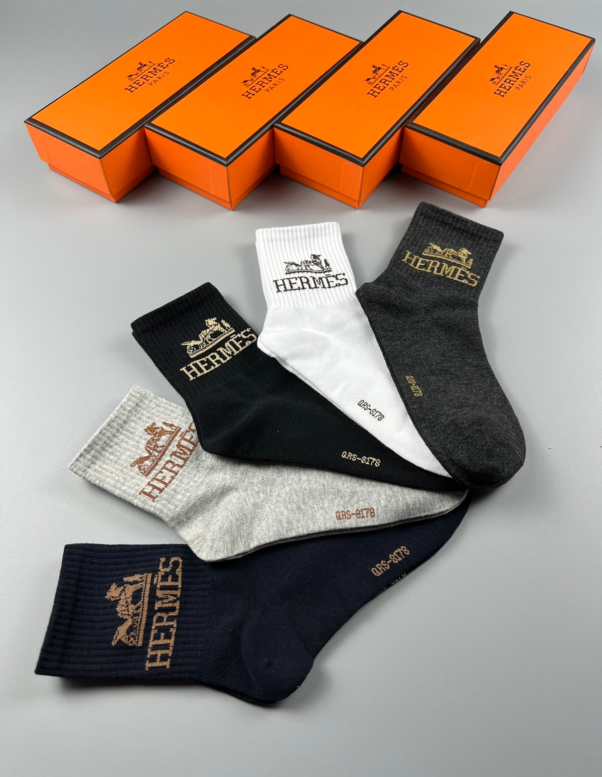 Hermes Cotton Varied Horse And Wordmark Details Crew Socks - 5-Pair Set