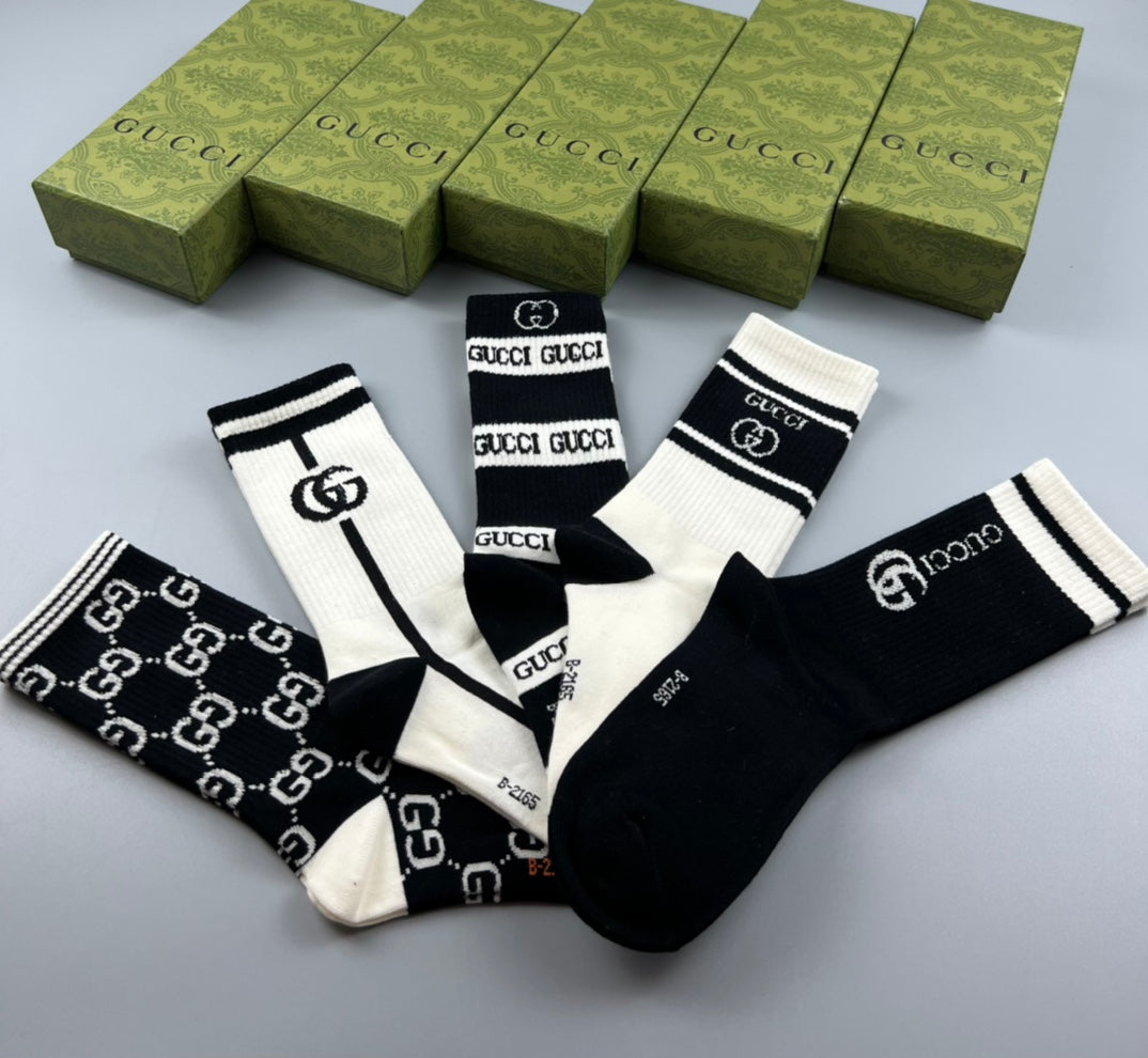 Gucci Cotton Mixed Monogram-Style Patterns And Wordmarks Crew Socks - 5-Pair Set