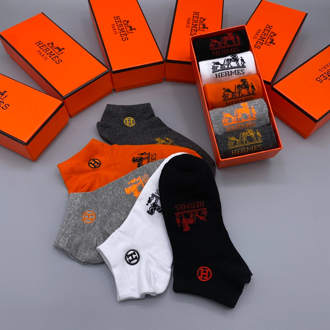 Hermes Logo No-Show Ankle Socks - 5-Pair Box