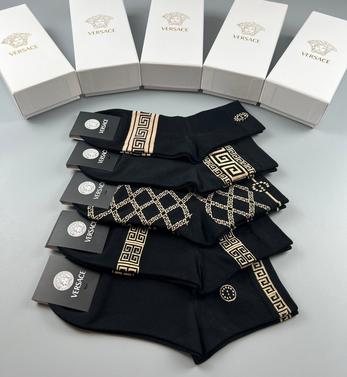 Versace Cotton blend Mixed Gold-Tone Greek-Key And Medallion Graphics Crew Socks - 5-Pair Set