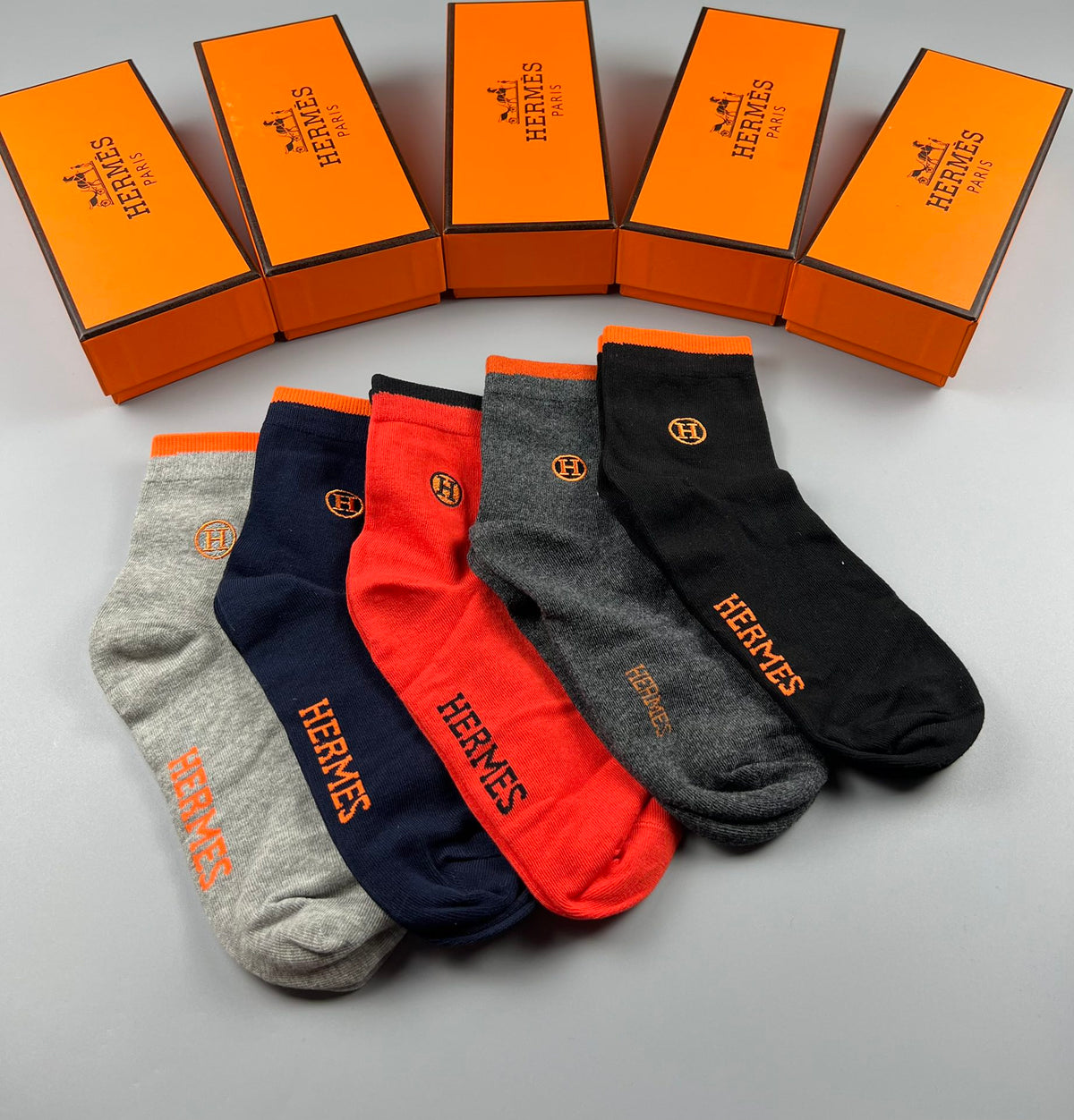 Hermes Cotton Horse And Wordmark Details Crew Socks - 5-Pair Set