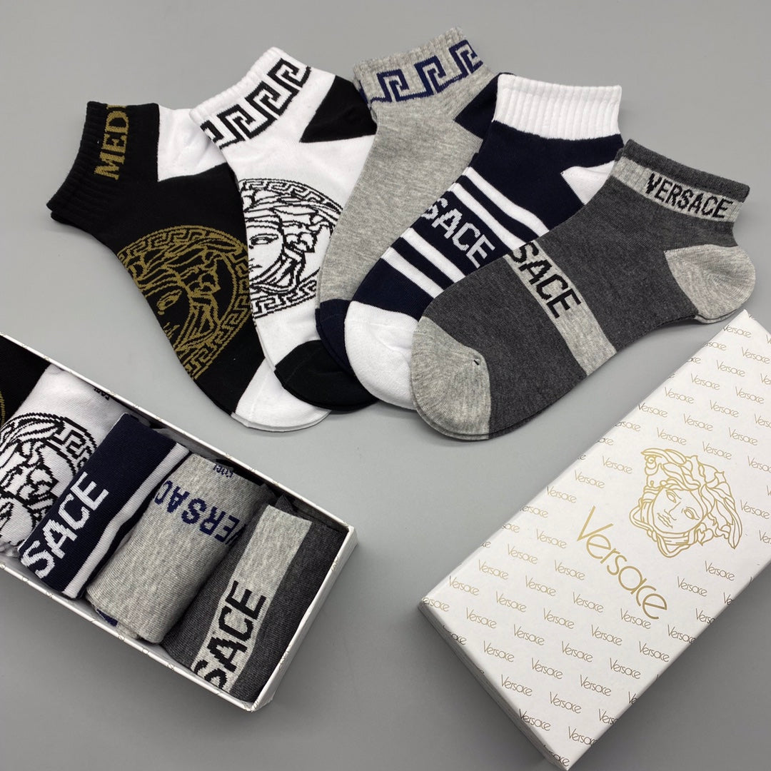 Versace Bold Medallion And Letter Graphics Ankle Socks - 5-Pair Set