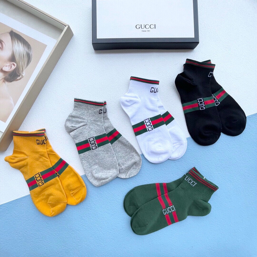 Gucci Red-And-Green Bands And Bee Details Ankle Socks - 5-Pair Set