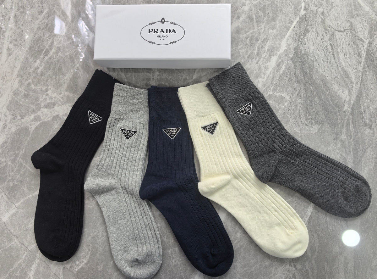 Prada Cotton Mixed Neutral Logo Detail Crew Socks - 5-Pair Set