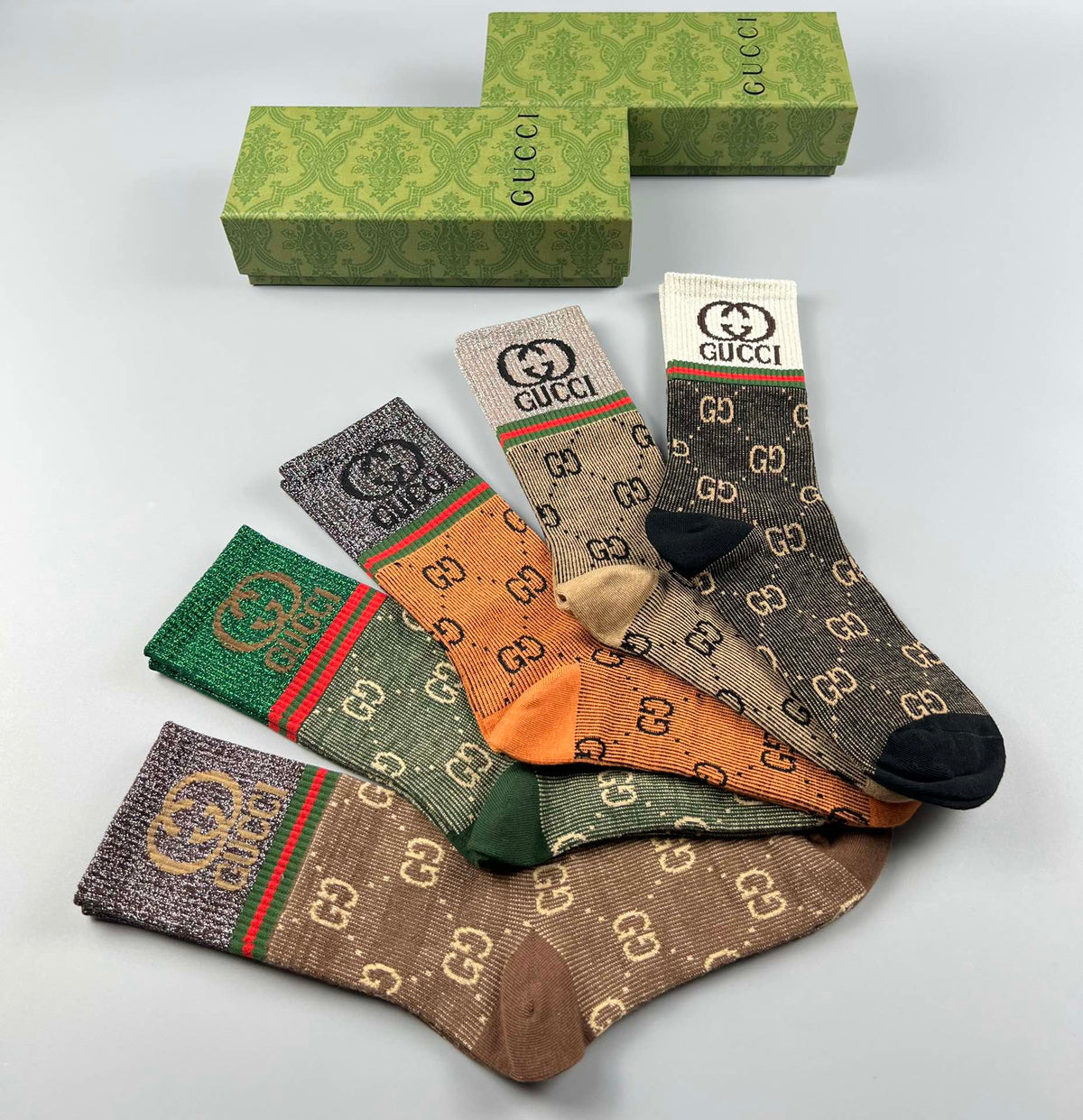Gucci Gold-Thread Monogram Crew Socks - 5-Pair Box