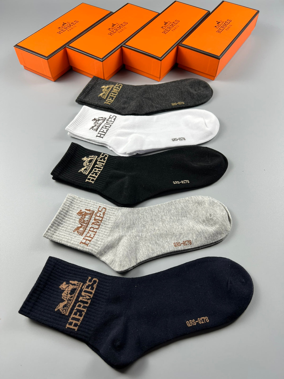 Hermes Cotton Varied Horse And Wordmark Details Crew Socks - 5-Pair Set