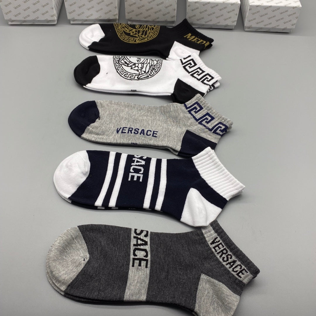 Versace Bold Medallion And Letter Graphics Ankle Socks - 5-Pair Set