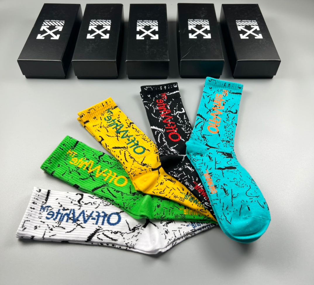 Off-White Cotton Visible Logo, Stripe Or Motif Details Crew Socks - 5-Pair Set