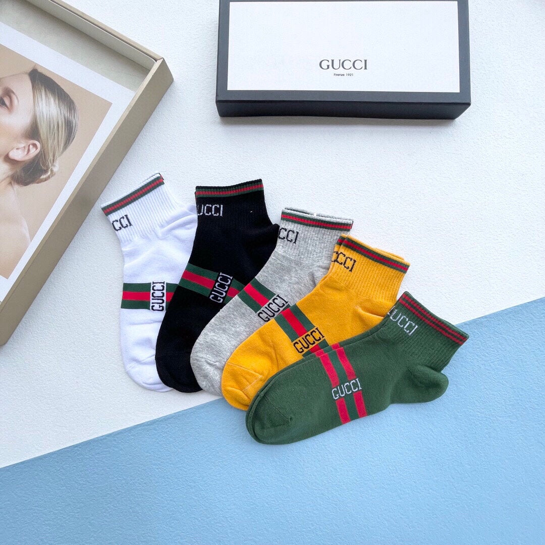 Gucci Red-And-Green Bands And Bee Details Ankle Socks - 5-Pair Set