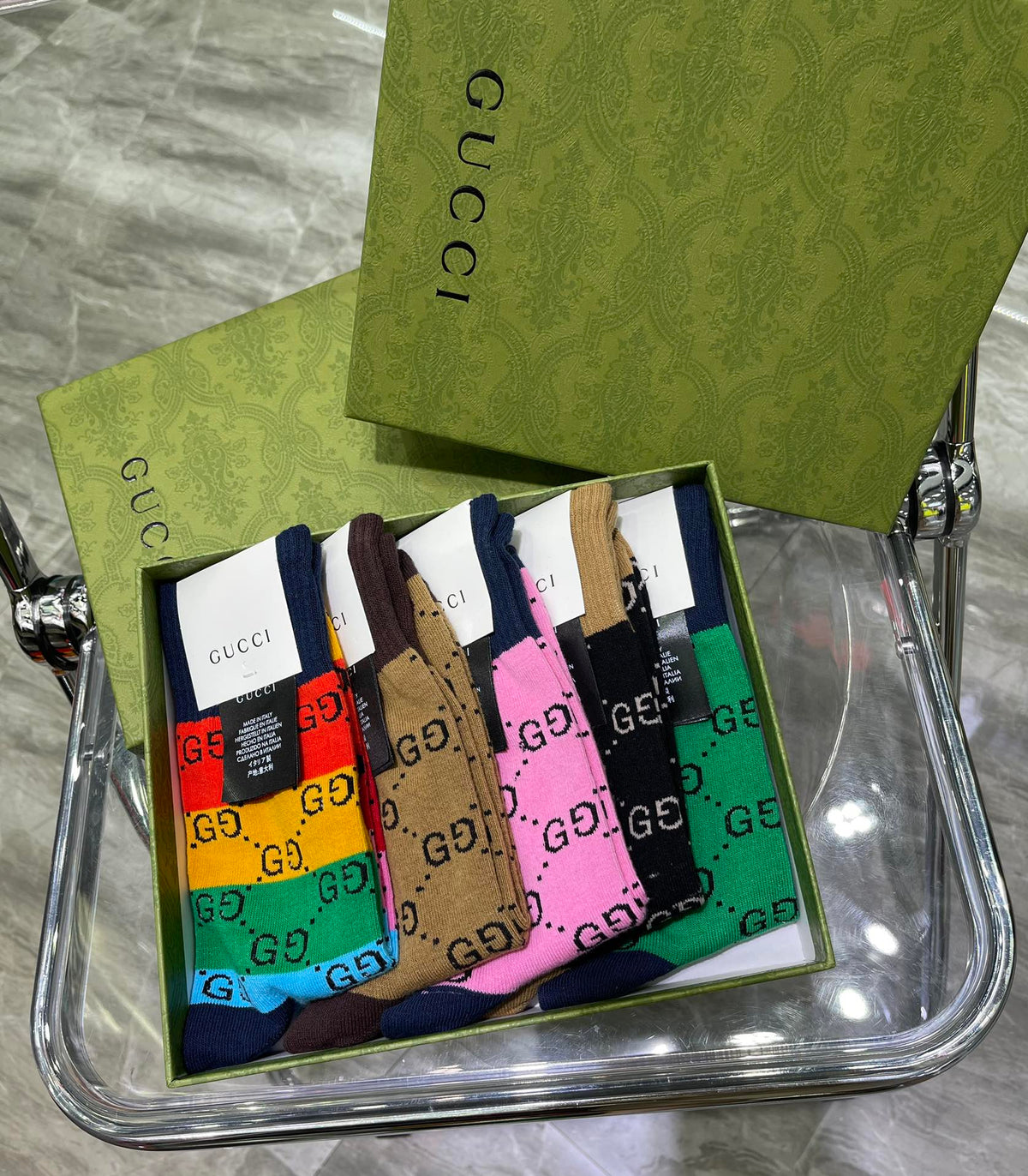 Gucci Cotton Repeating Monogram-Style Patterns Crew Socks