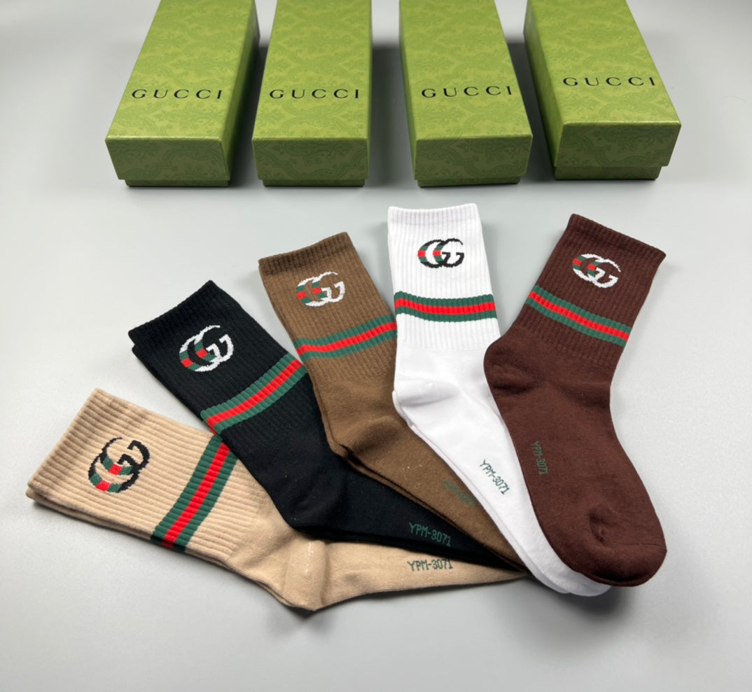 Gucci Cotton Wordmark And Stripe Details Crew Socks - 5-Pair Set