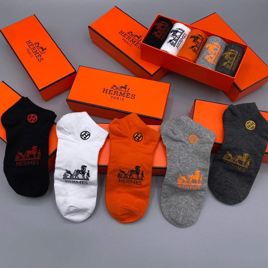 Hermes Logo No-Show Ankle Socks - 5-Pair Box